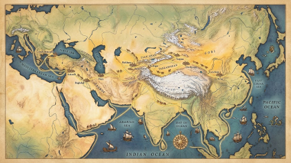 Illustrierte Karte der historischen Seidenstra&szlig;e mit Handelsrouten zu Land und zu Wasser zwischen Europa, Arabien, Indien und China